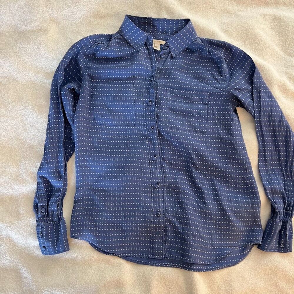 J Crew Women's 100% Blue Silk Shirt, Polka Dot Size 2